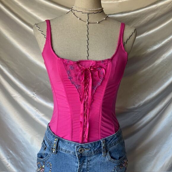 Rene Rofe Corset Bustier Top Hot Pink Faux Lace Up Purple Lace Trim - Picture 2 of 6